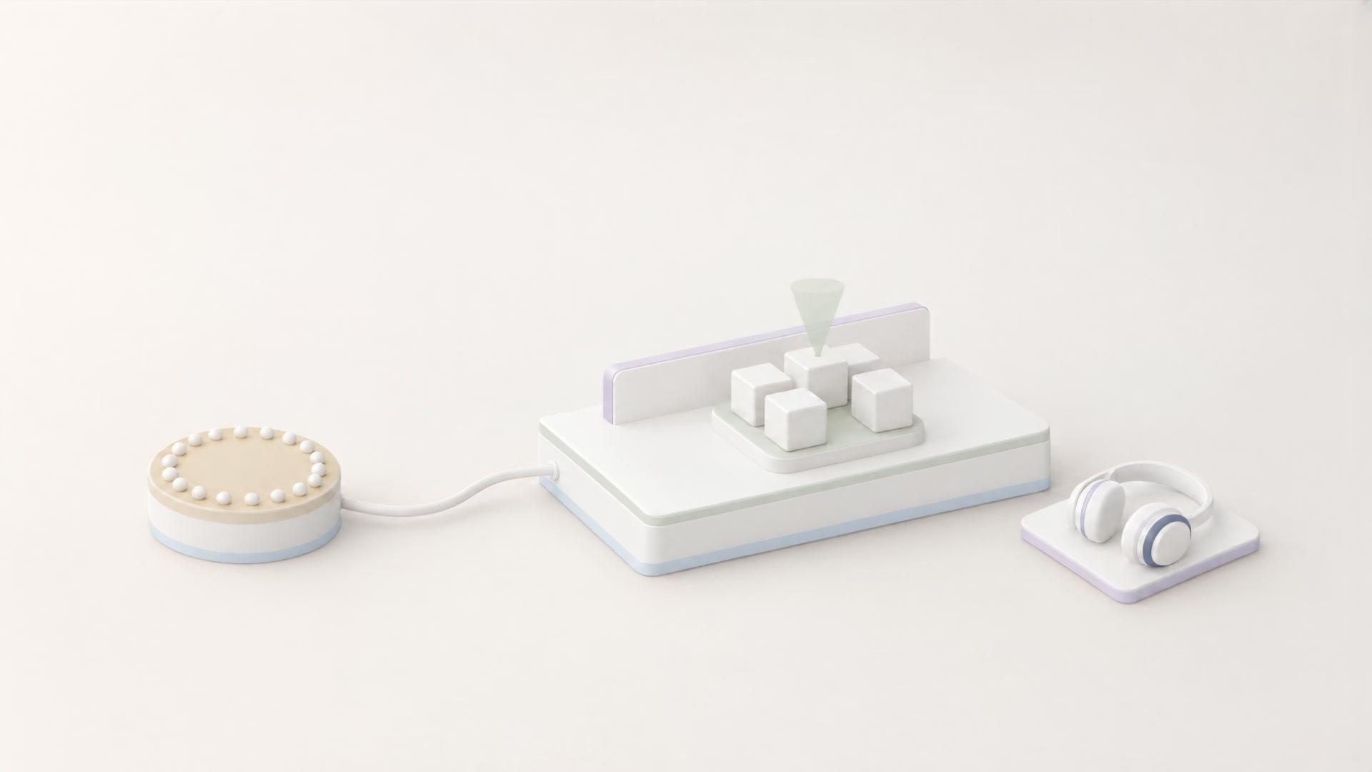 An illustrated assist desk: a caller dial ringed with beads on the left, a cable into a white desk with a lavender back panel, five suggestion cubes on a sage platform with a sage cone over the raised one, and a headset on a lavender tile on the right.