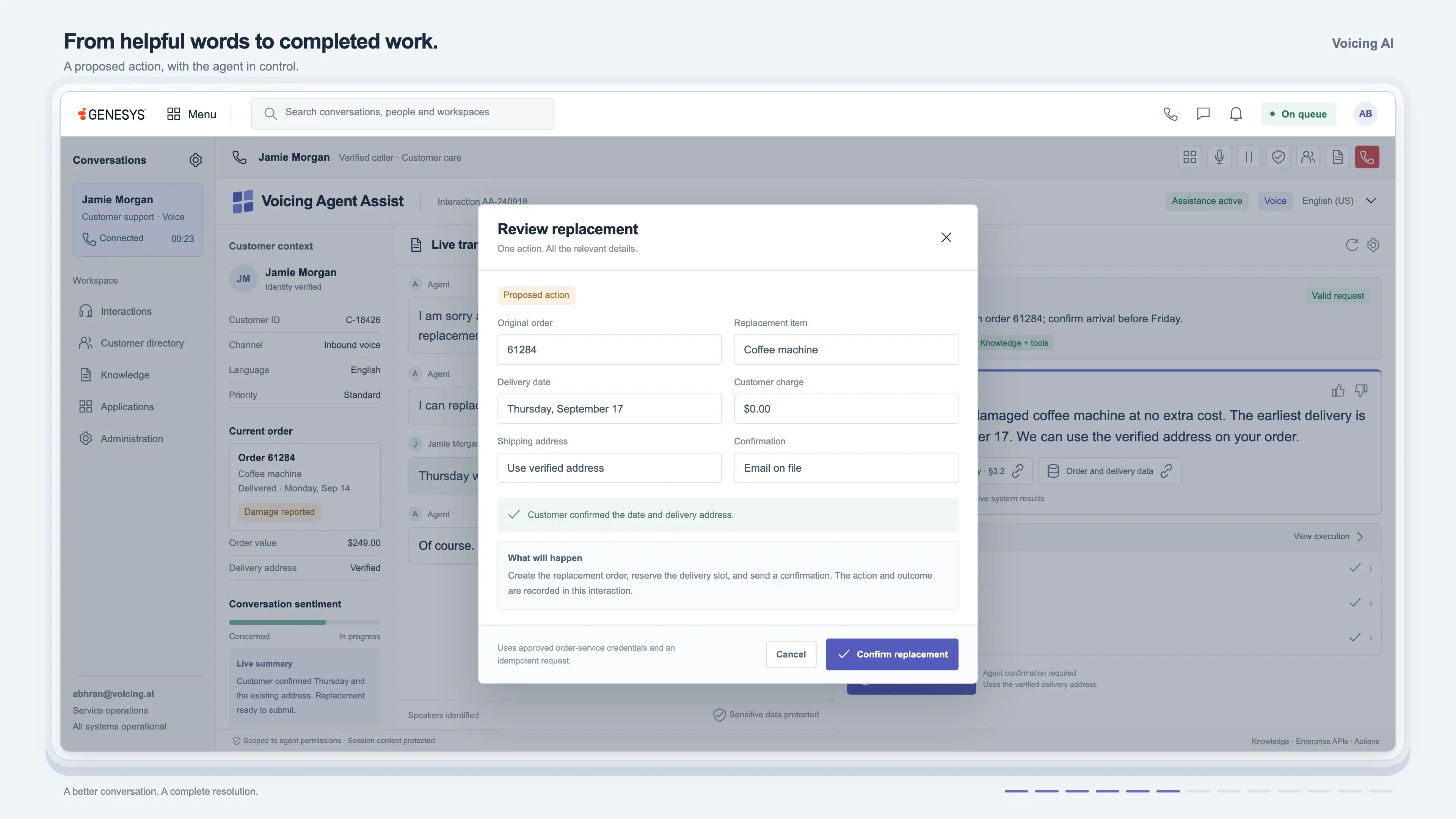 A replacement proposal open for review with the item, the delivery date, the address and the charge populated, and the agent’s confirmation control beneath it.