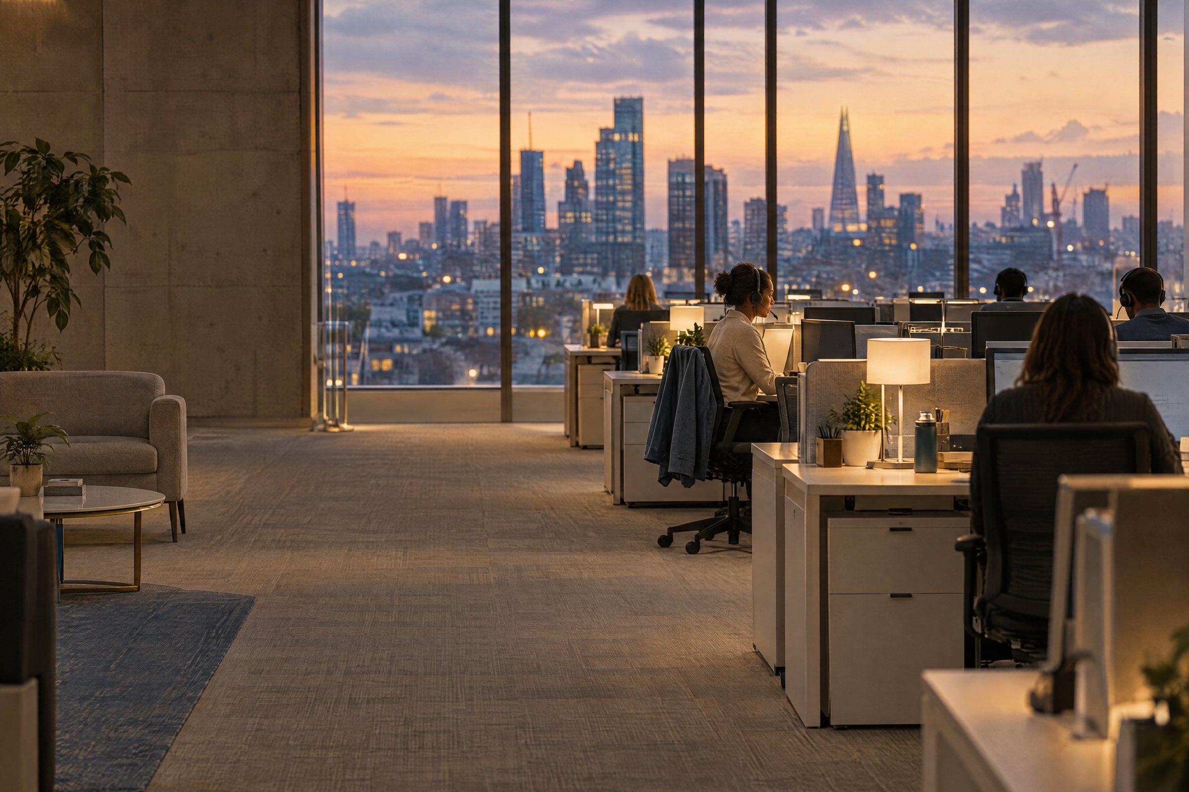 A bank’s contact centre at dusk: an agent on a headset at her desk, the city skyline through the glass behind her.