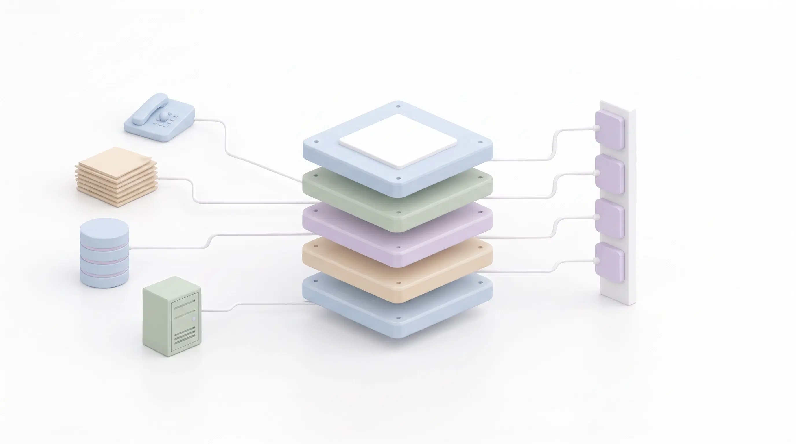Five aligned pastel runtime slabs connected to a blue telephone, sand documents, blue database, sage server and four lavender endpoints.