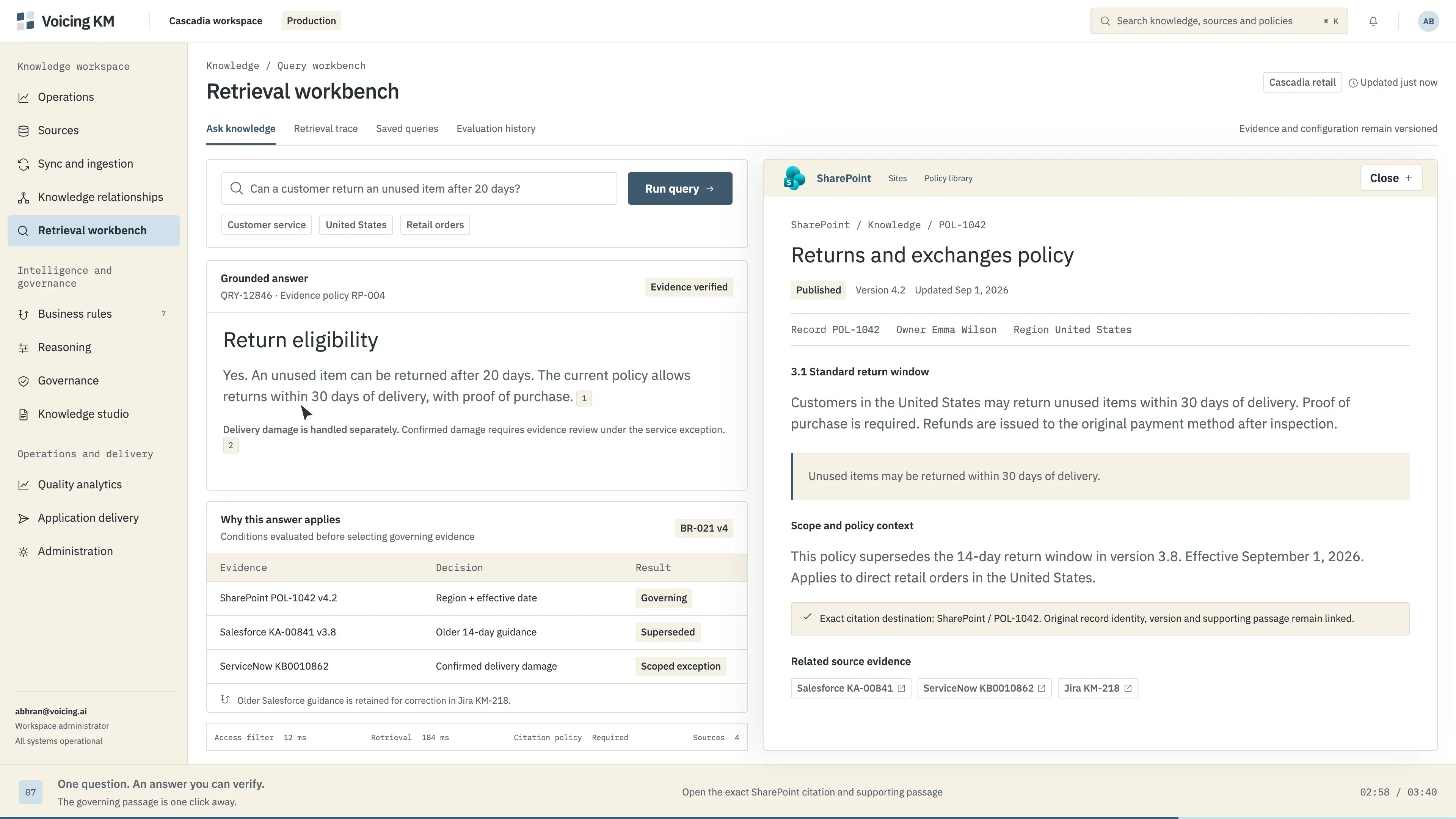 The retrieval workbench: a grounded answer with citation markers, the conditions that selected the governing evidence, and the source document open at its supporting passage.