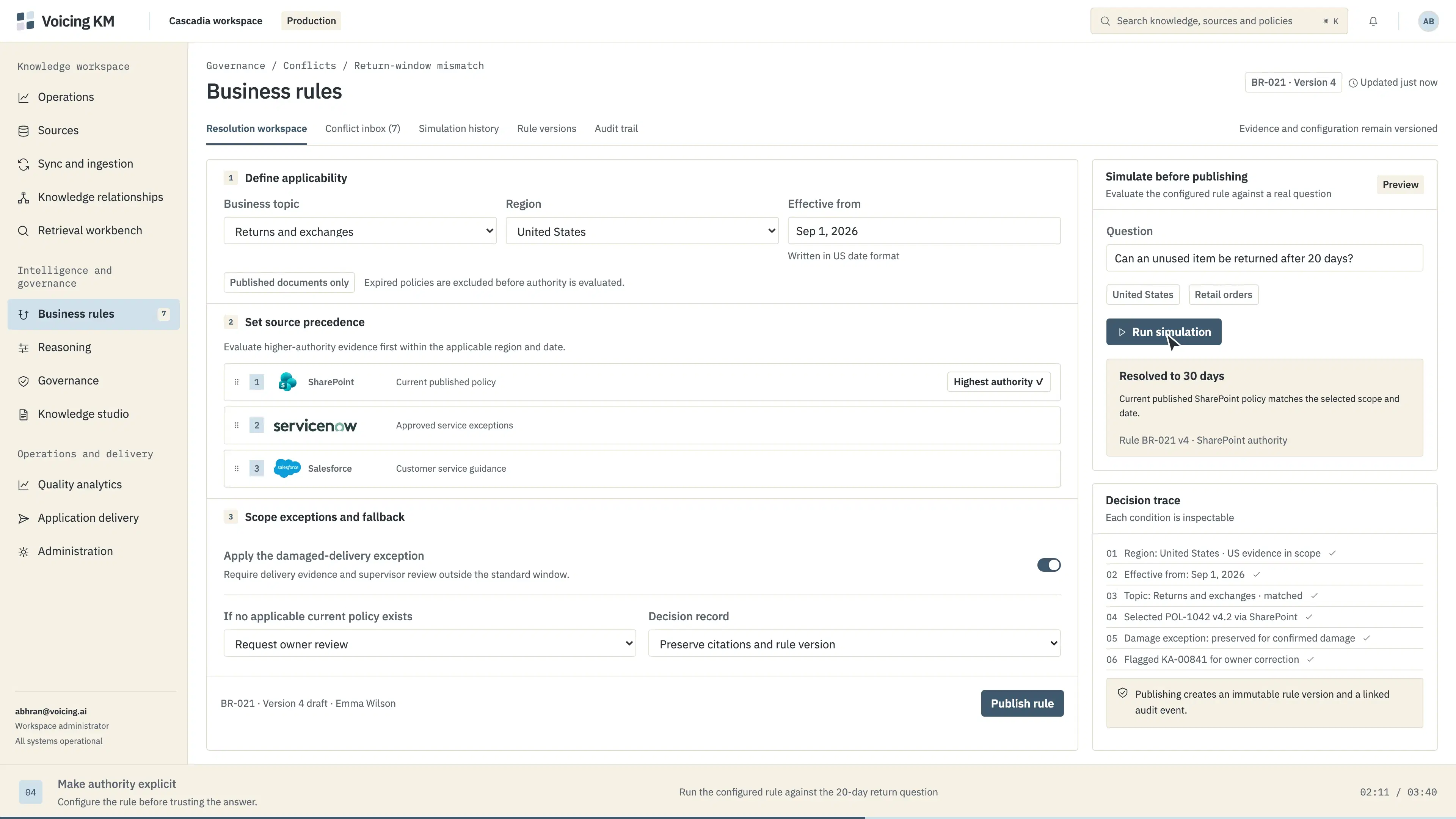 The business rules view: applicability scope, source precedence in order, an exception toggle, and a simulation panel with the decision trace.