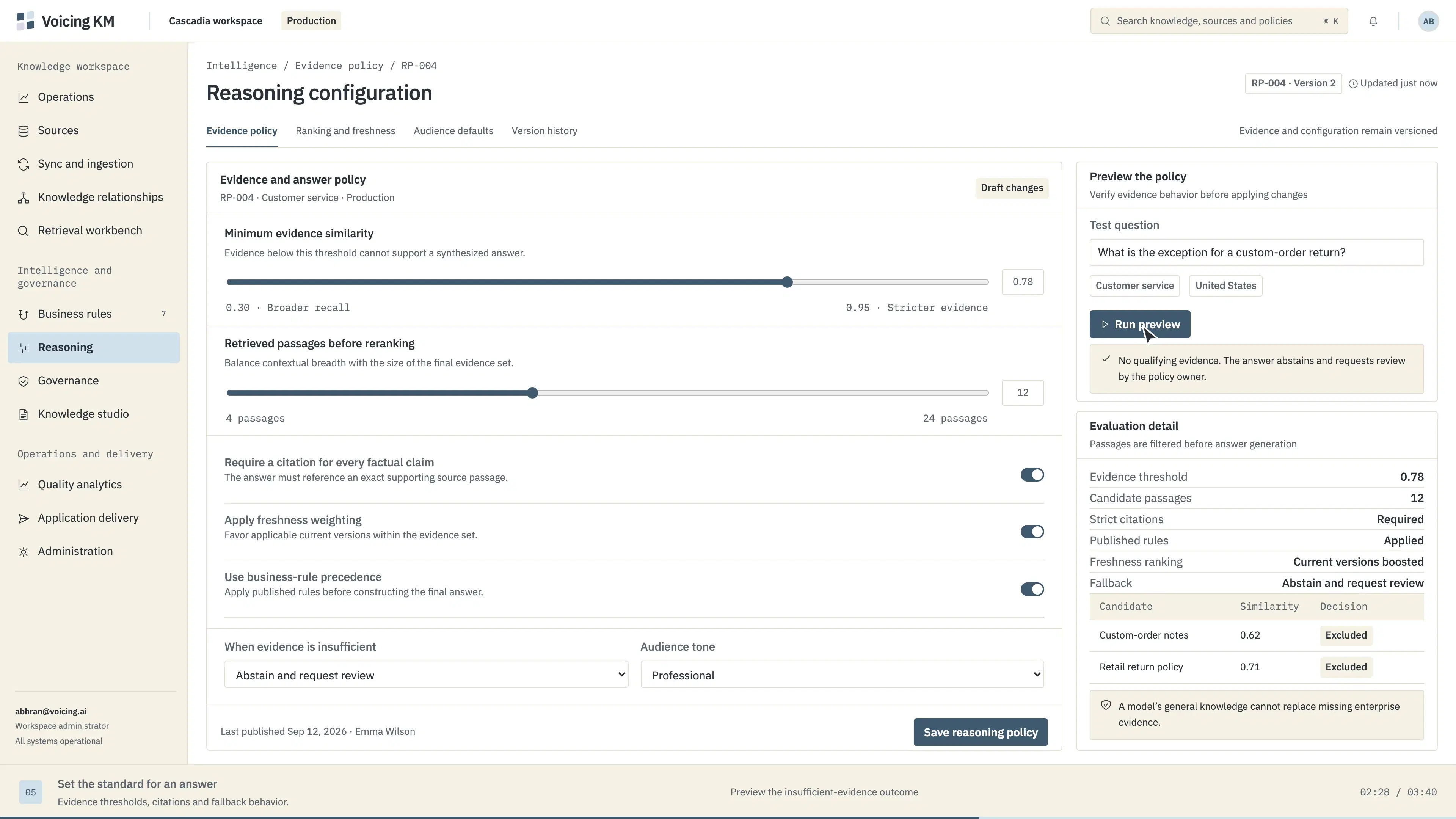The reasoning controls view: an evidence threshold, a citation requirement, and the response returned when no passage clears the threshold.