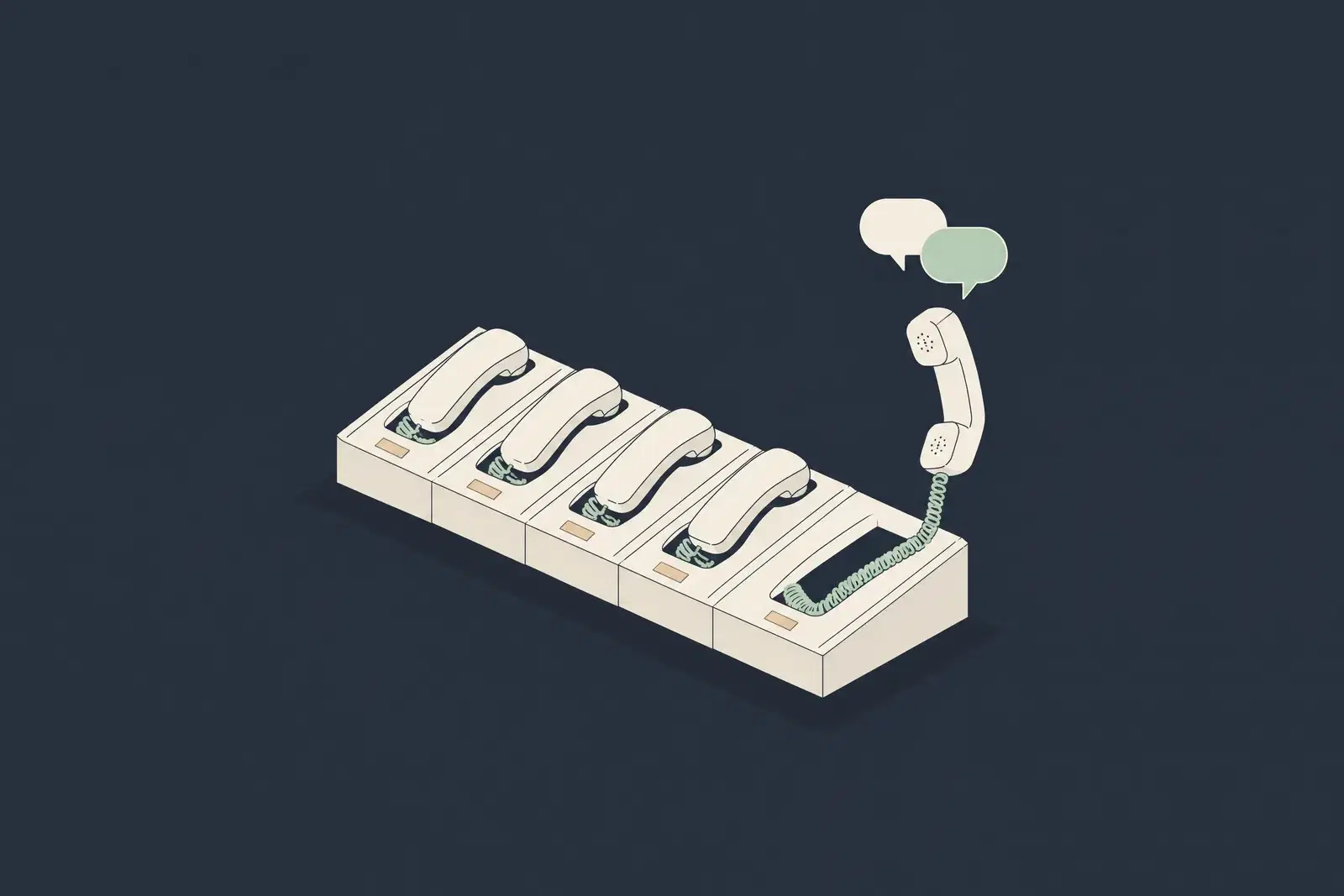 A row of five telephone handsets, four resting and one lifted with two speech bubbles above it, drawn in fine ink lines on a dark field