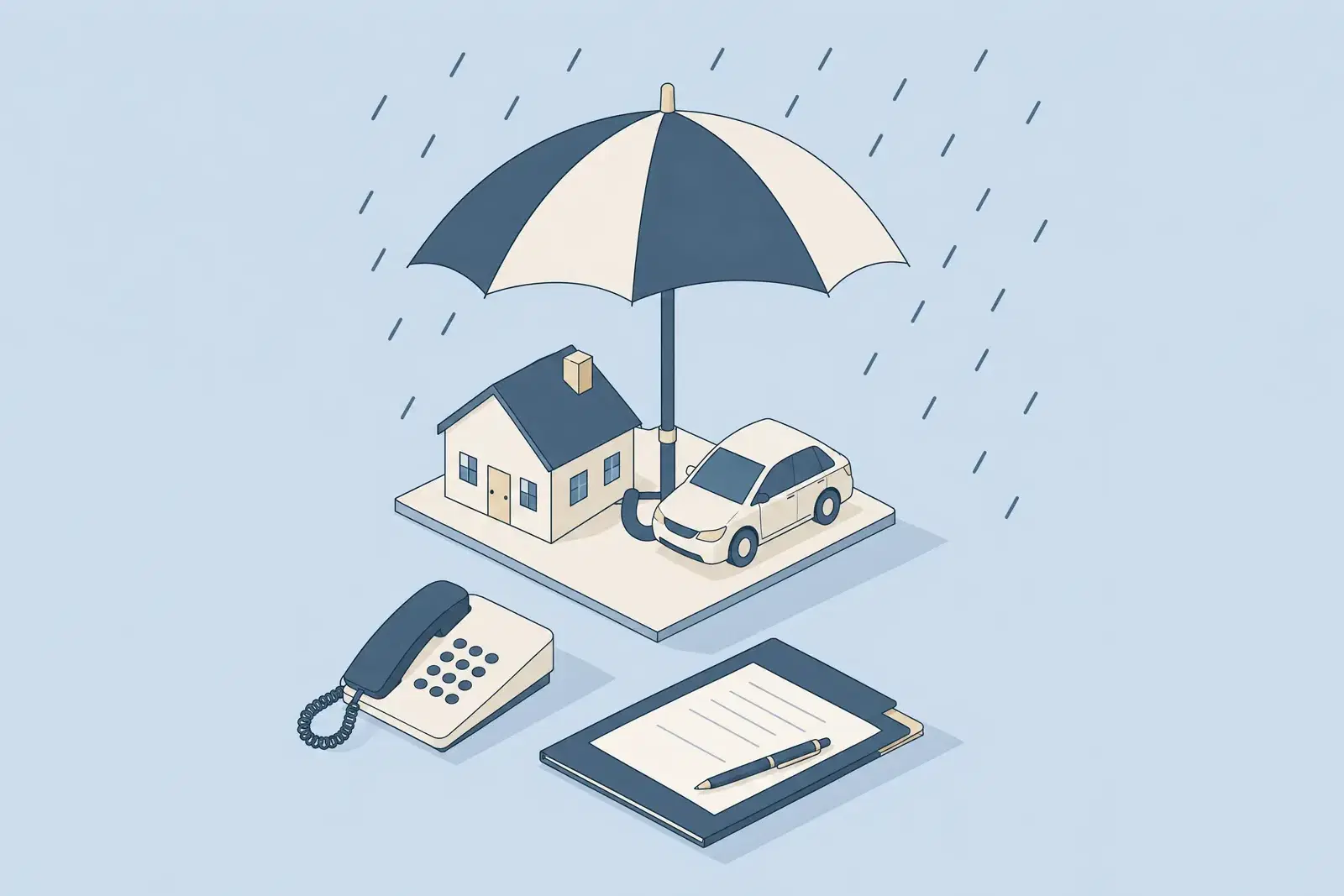 A large umbrella sheltering a small house and car from rain, with a telephone and a claim folder in front, drawn in fine ink lines