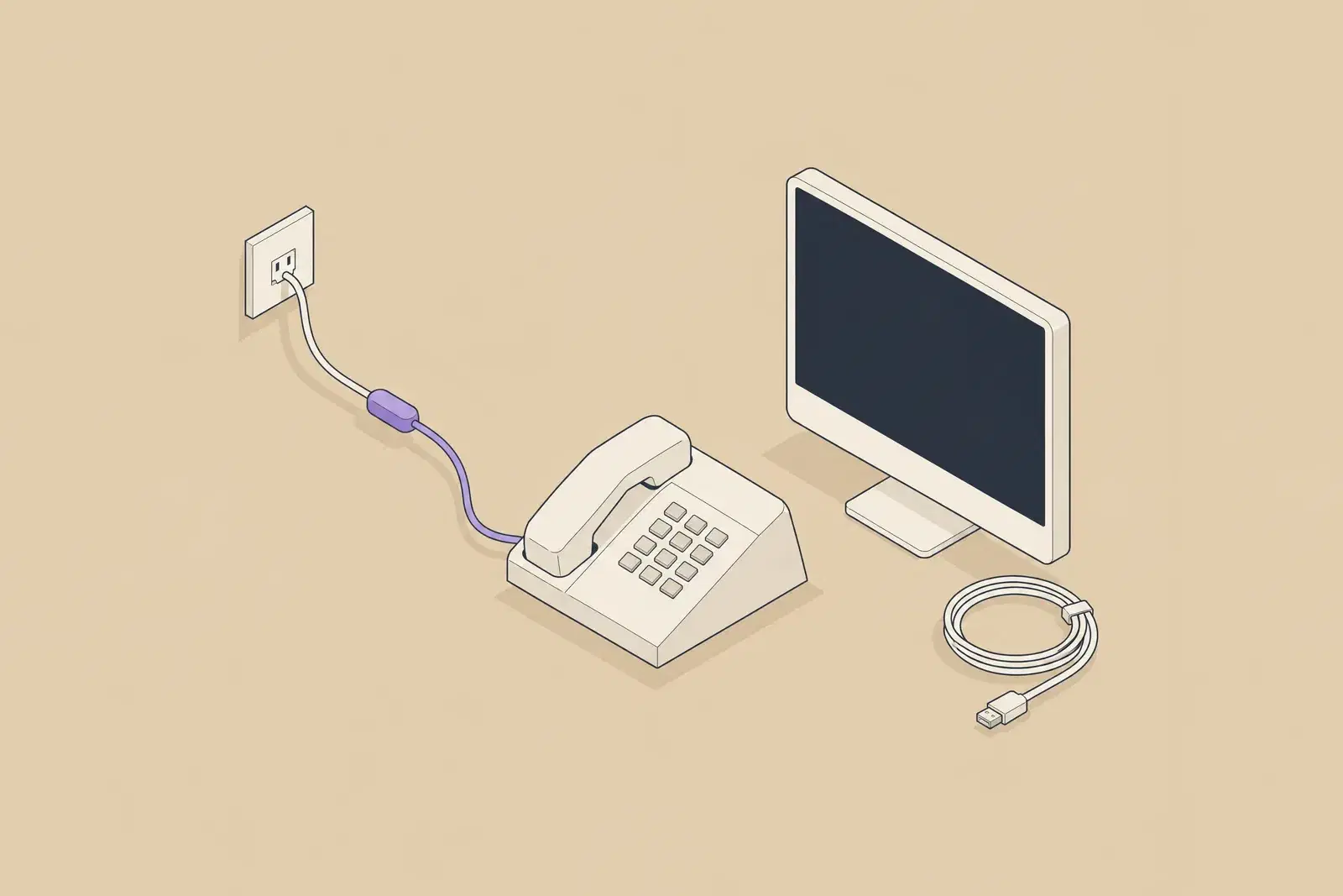 A desk telephone whose cord passes through a small lilac capsule, beside an unplugged computer with a blank screen, drawn in fine ink lines