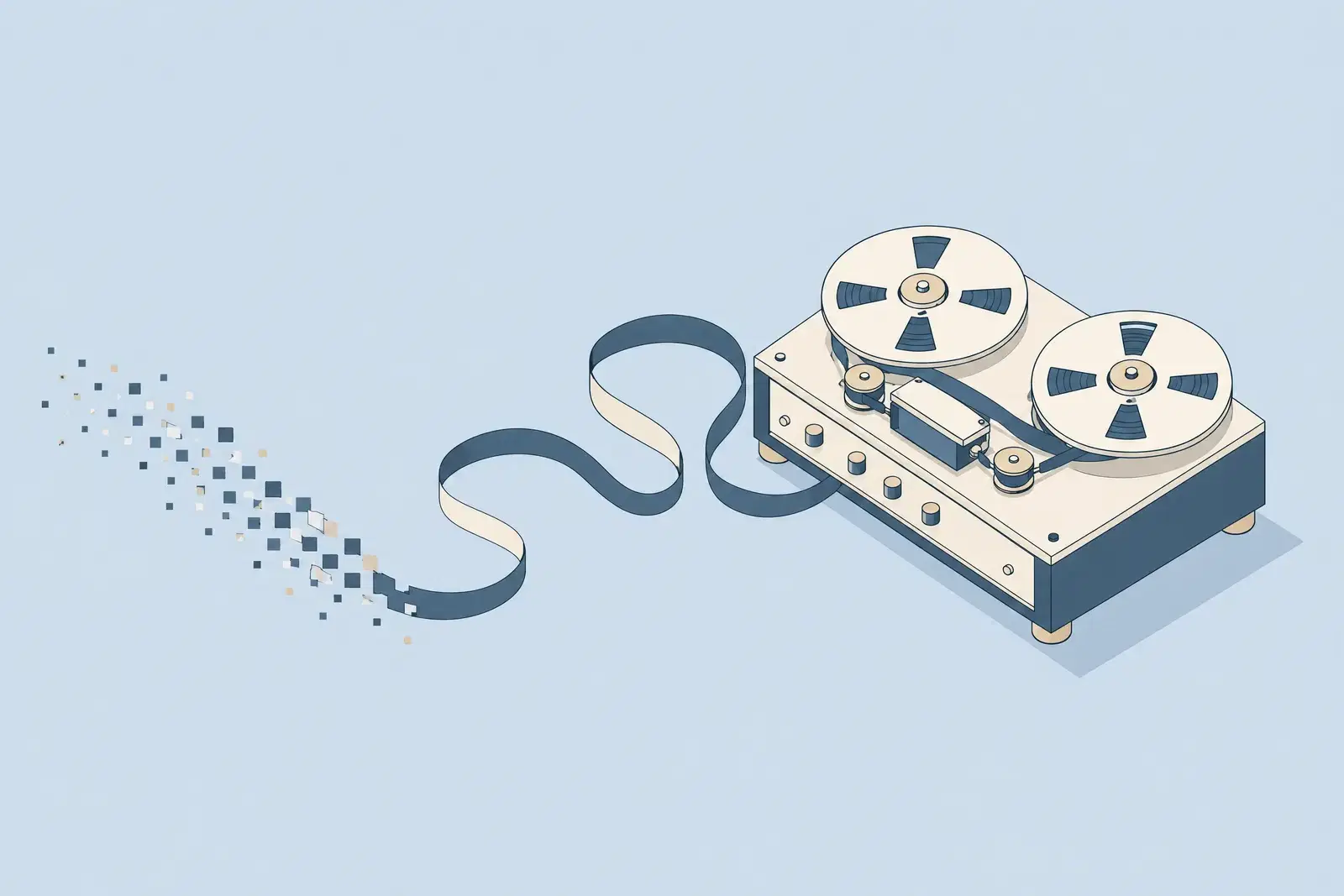 A reel to reel tape machine whose escaping tape breaks into scattered squares at its far end, drawn in fine ink lines