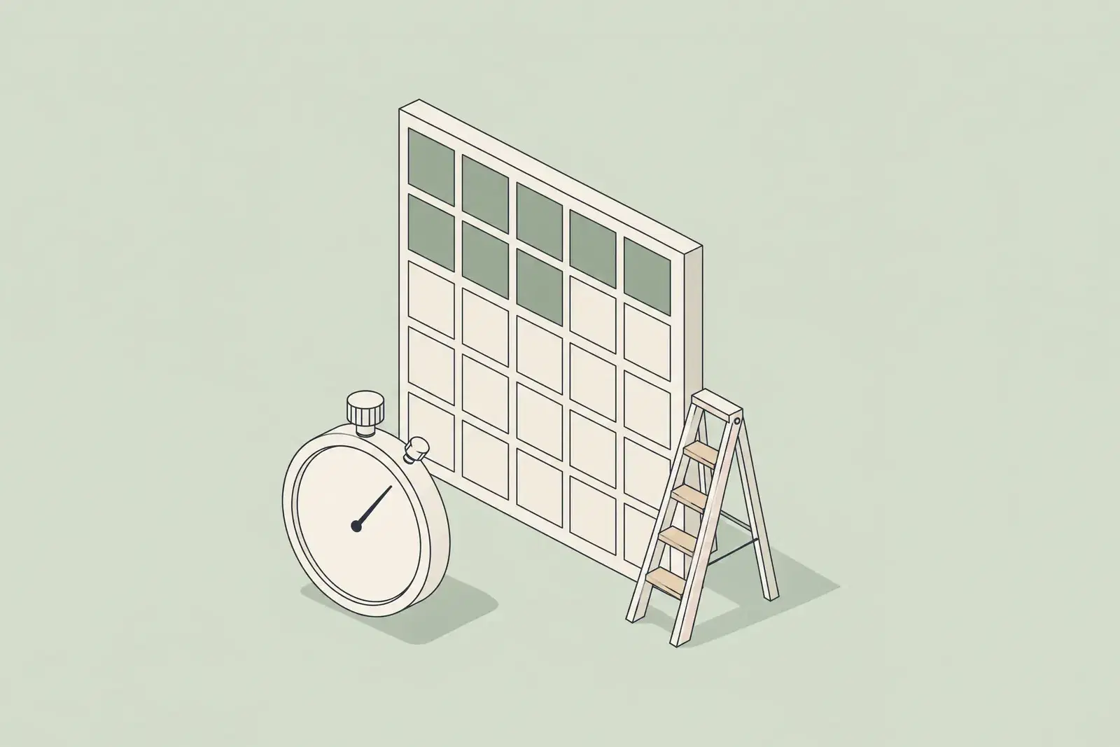 A small stopwatch in front of a wall of thirty blank tiles, only the first four filled in, drawn in fine ink lines