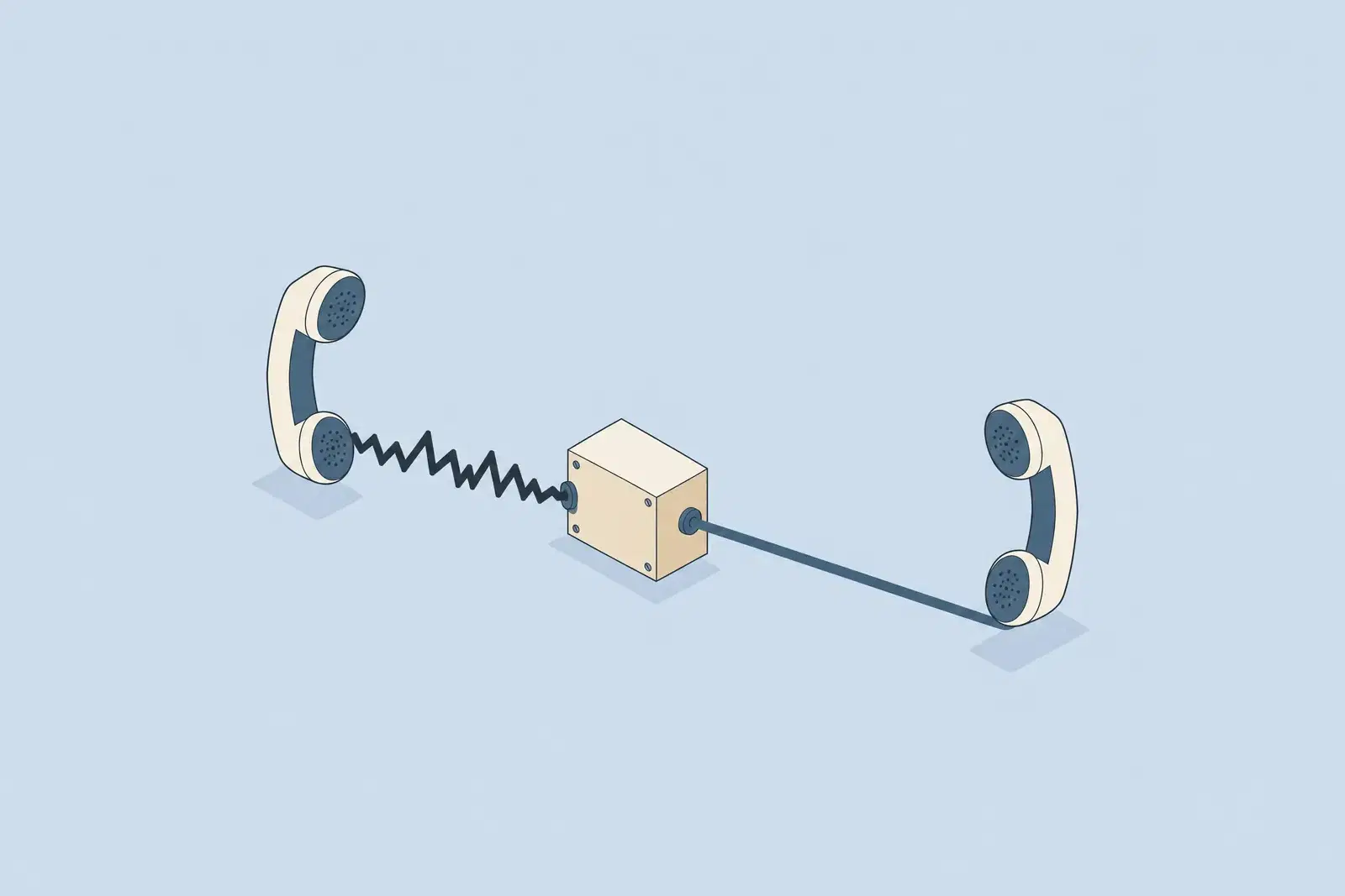 Two handsets joined through a small box: the cord enters as an angry zigzag and leaves as a flat line, drawn in fine ink lines