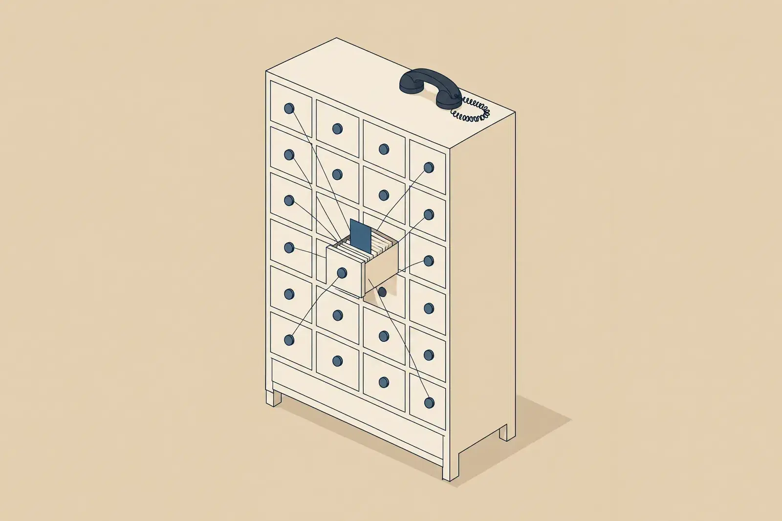 A card catalogue cabinet with one drawer open and one card raised, fine lines linking other drawers to it, a handset on top, drawn in fine ink lines