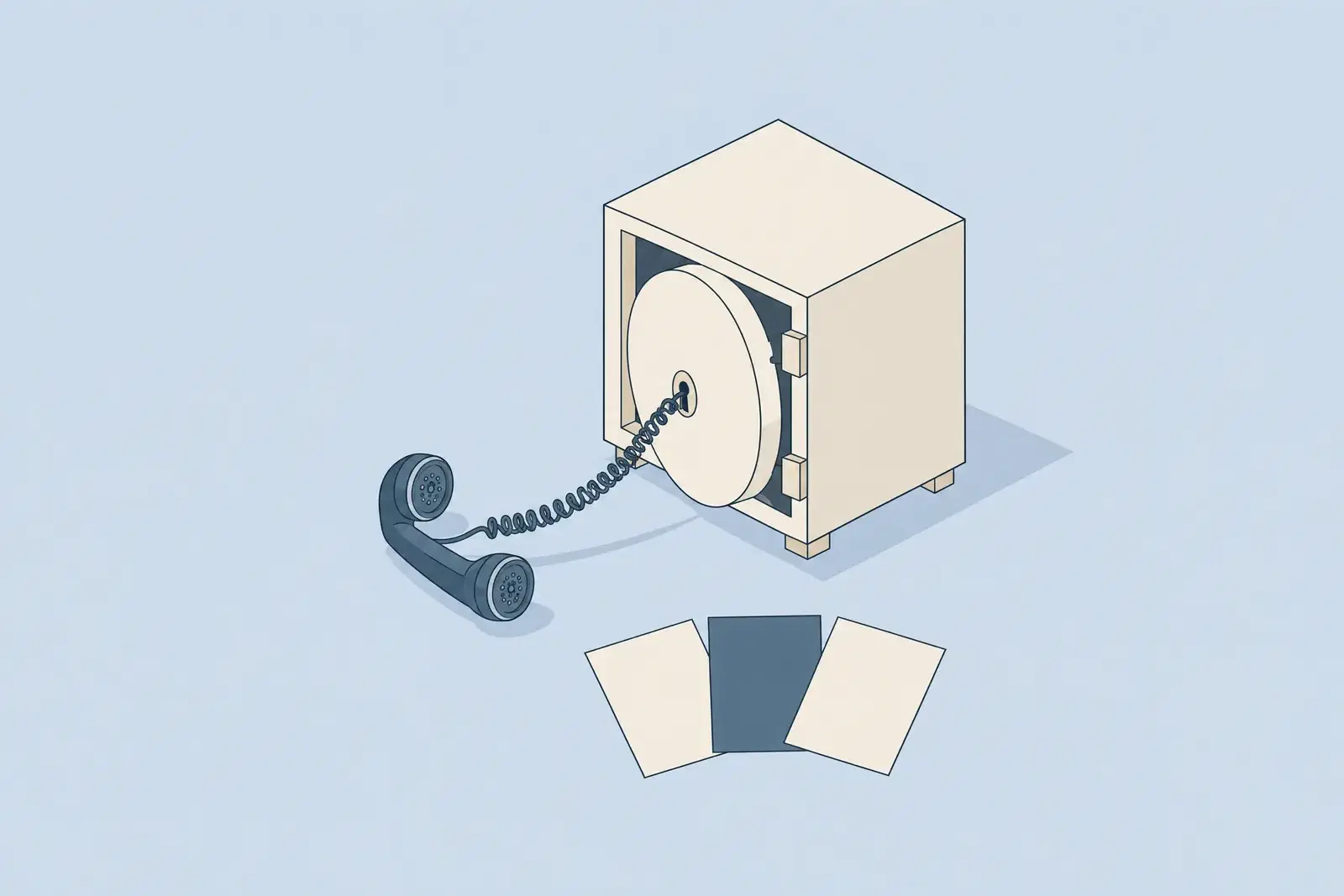 A small safe with a telephone cord entering its keyhole and three blank cards fanned in front, drawn in fine ink lines