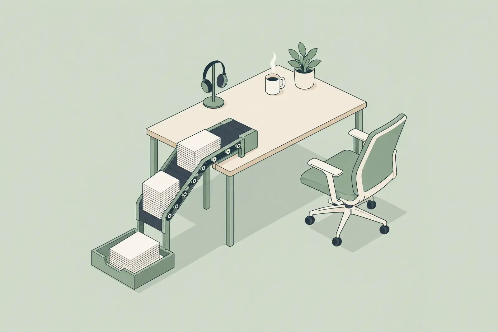 A desk where a small conveyor carries a stack of identical forms away, leaving only a headset, a coffee cup and a plant, drawn in fine ink lines
