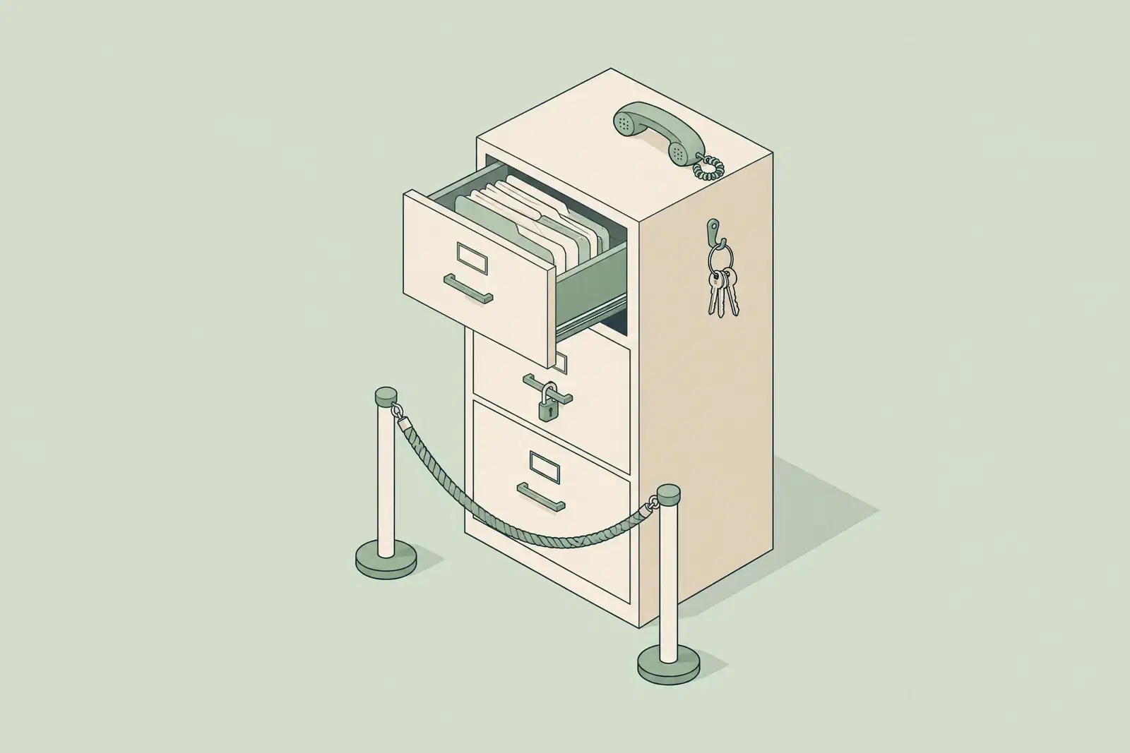 A filing cabinet with one drawer open, one drawer padlocked and a rope barrier in front, a handset resting on top, drawn in fine ink lines