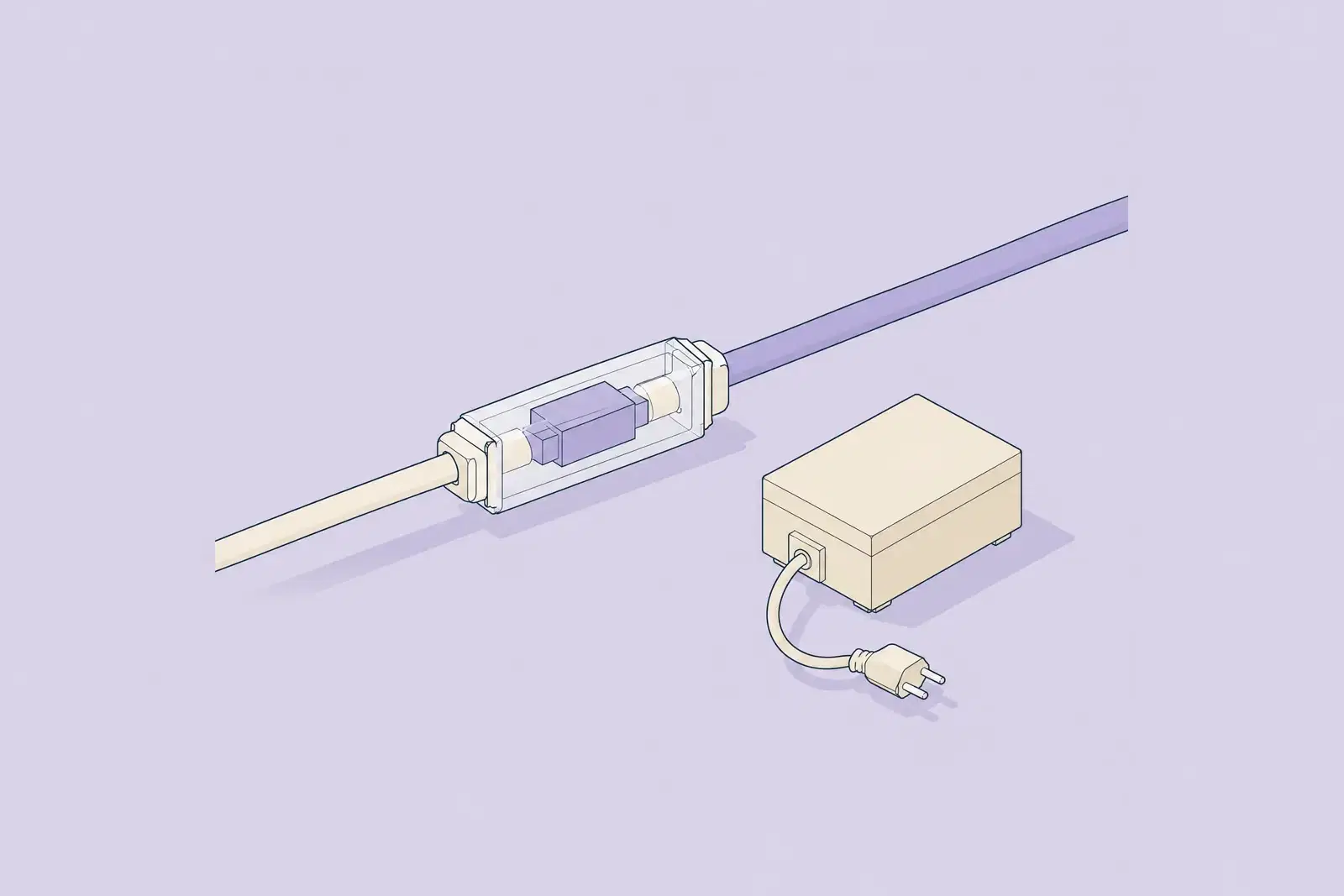 A telephone cable passing through a clear junction holding a lilac prism, while a separate unplugged box sits off to one side, drawn in fine ink lines
