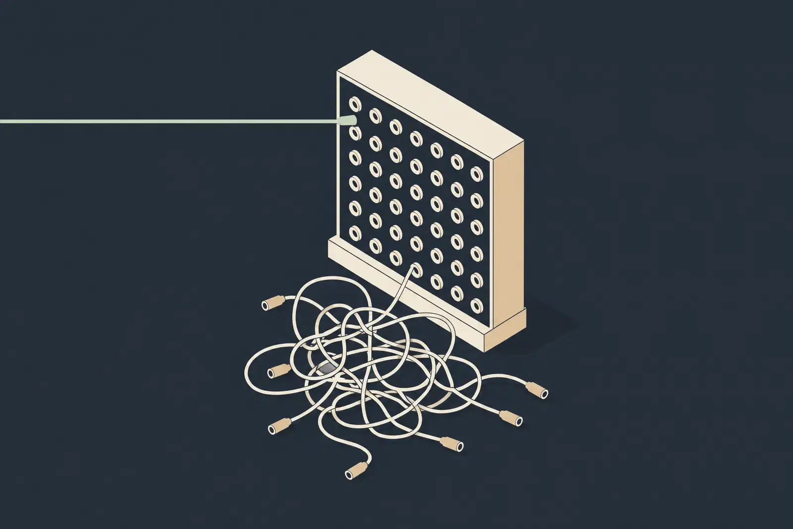 A telephone switchboard beside a tangle of unplugged cords, with one straight sage cord plugged in, drawn in fine ink lines