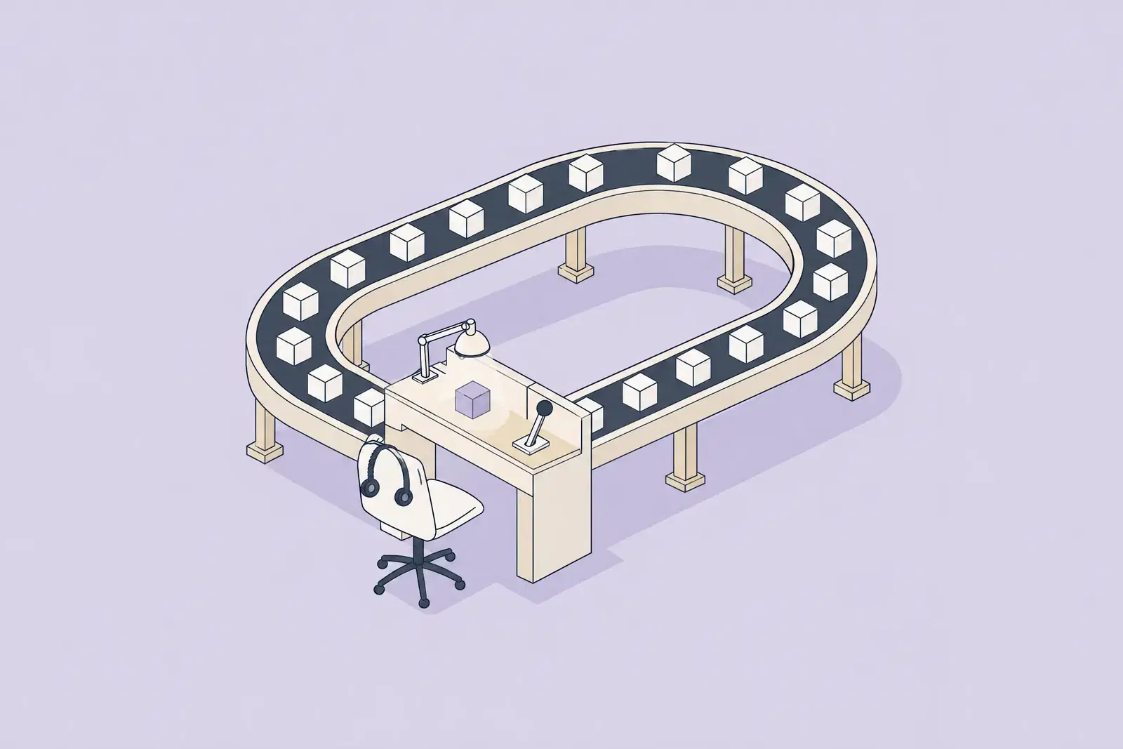 An oval conveyor of identical blocks with a supervisor’s desk built into it, one lilac block set aside under the lamp, drawn in fine ink lines