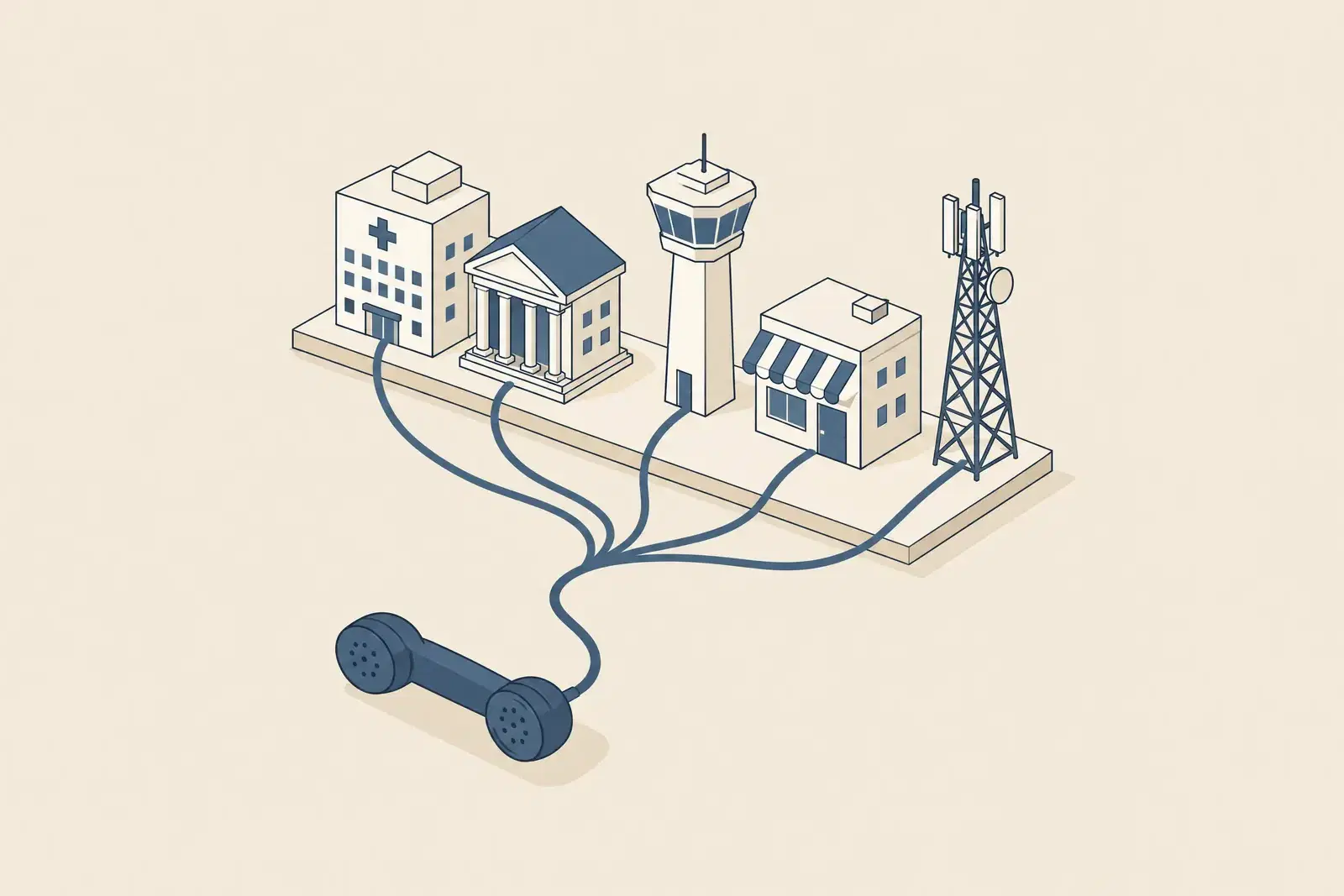Five small buildings, a hospital, a bank, a control tower, a shop and a telecom mast, all wired to one telephone handset, drawn in fine ink lines