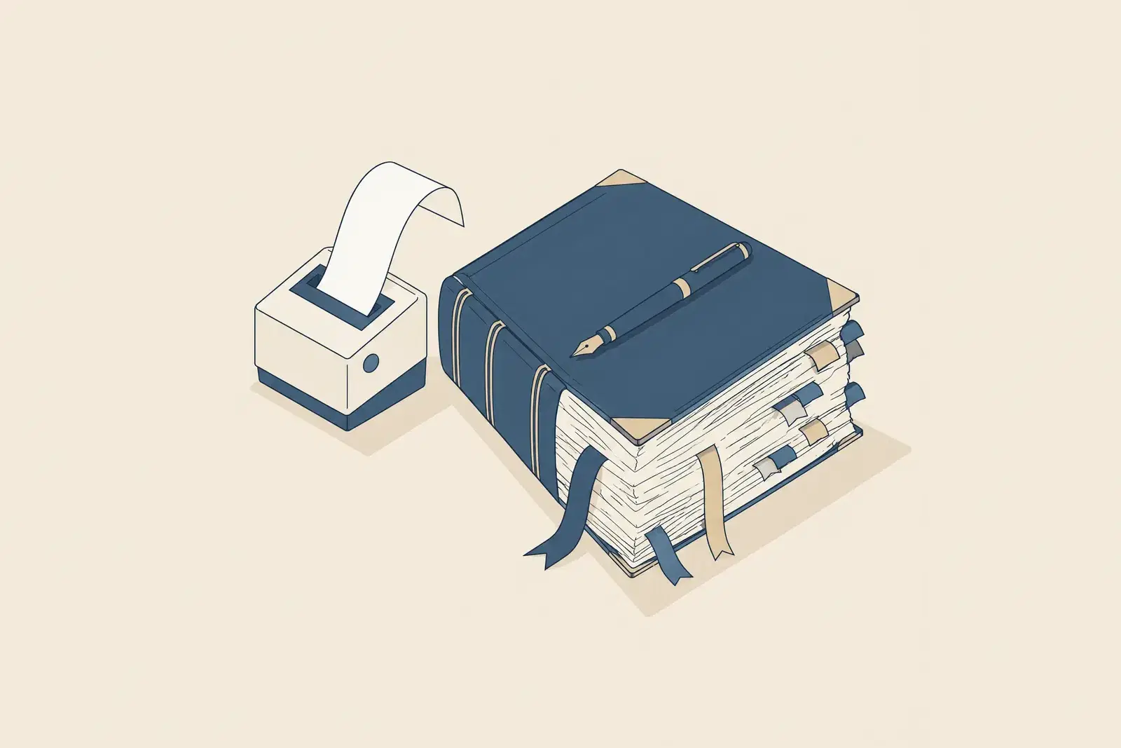A small printer feeding out a thin blank strip beside a thick worn ledger bulging with bookmarks and tabs, drawn in fine ink lines