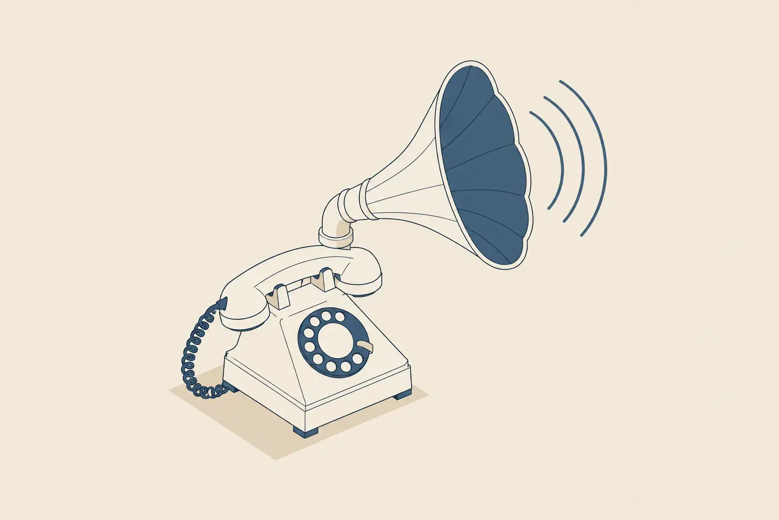 A desk telephone fitted with a large listening horn, fine sound arcs travelling into it, drawn in fine ink lines
