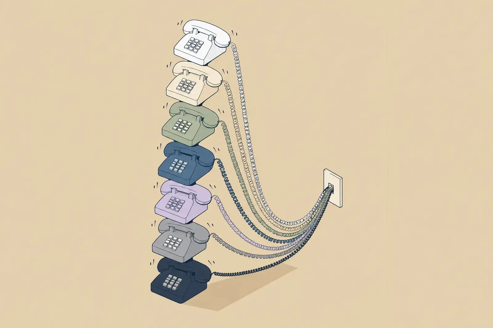 A leaning stack of seven desk telephones in muted colours, all ringing at once, drawn in fine ink lines