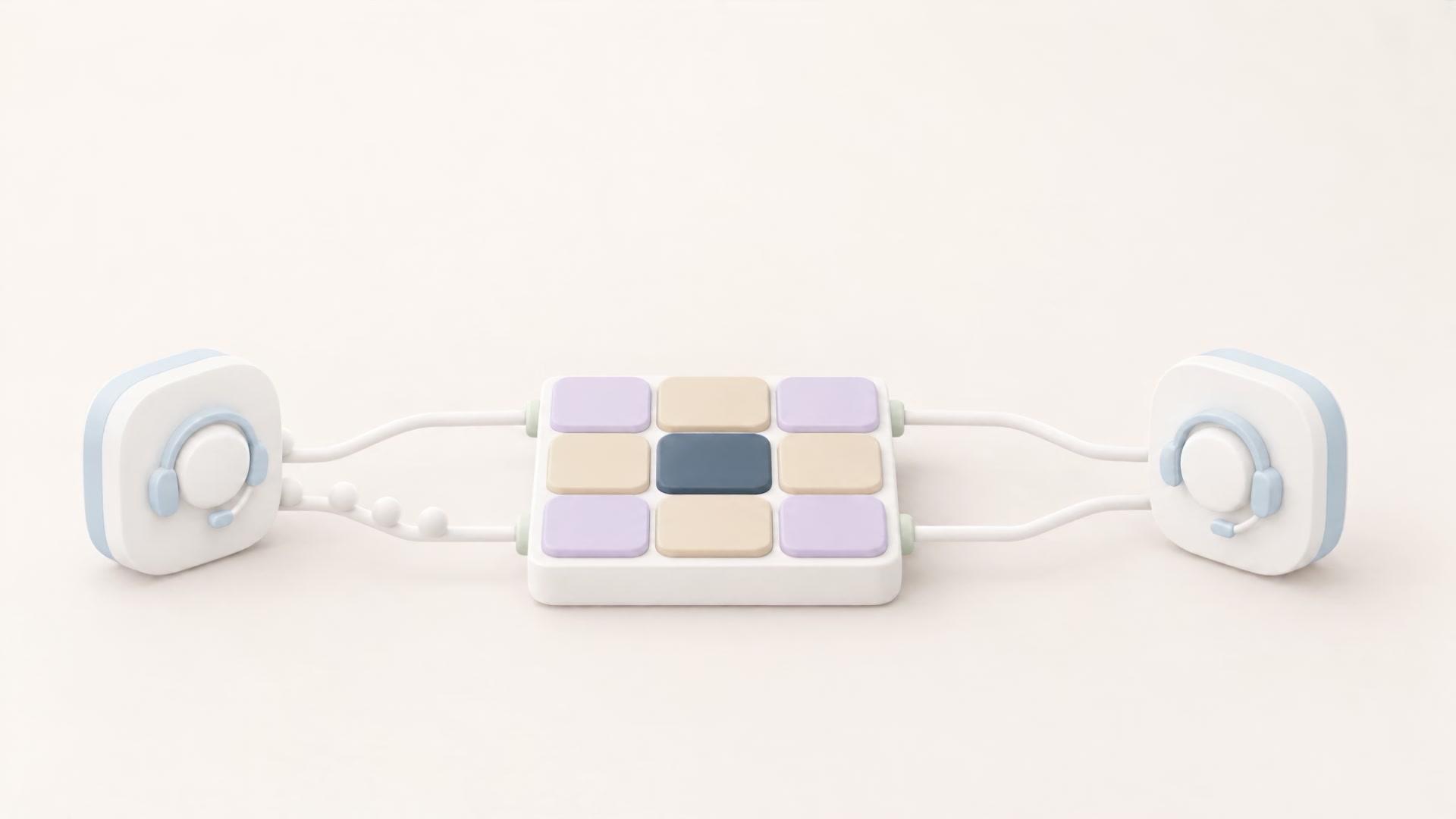 Two headset tiles joined by cables to a grid of language keys, with beads travelling along the caller’s cable.