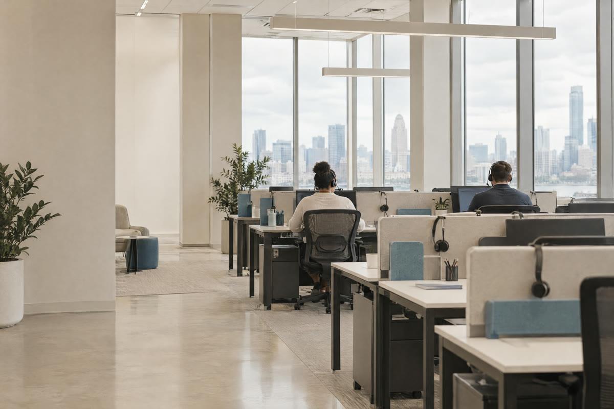 A carrier’s support floor in daylight: two agents at desks with headsets, tall windows and a pale city skyline beyond.