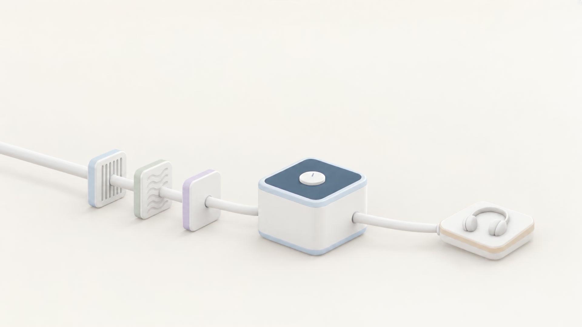 A white cable carries a voice through three plates, slotted, waved and smooth, into a white engine with a dark top and one dial, and on to a caller’s headset resting on a sand-rimmed tile.