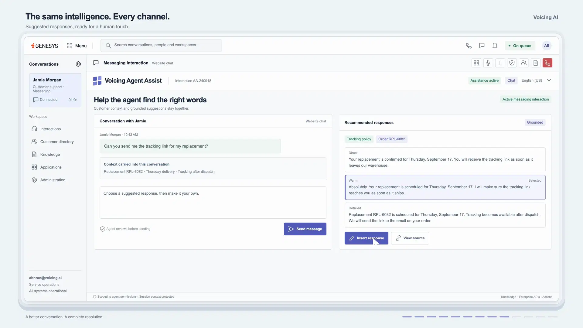 Chat conversation with three complete suggested replies side by side; one is selected, inserted into the composer and sent.
