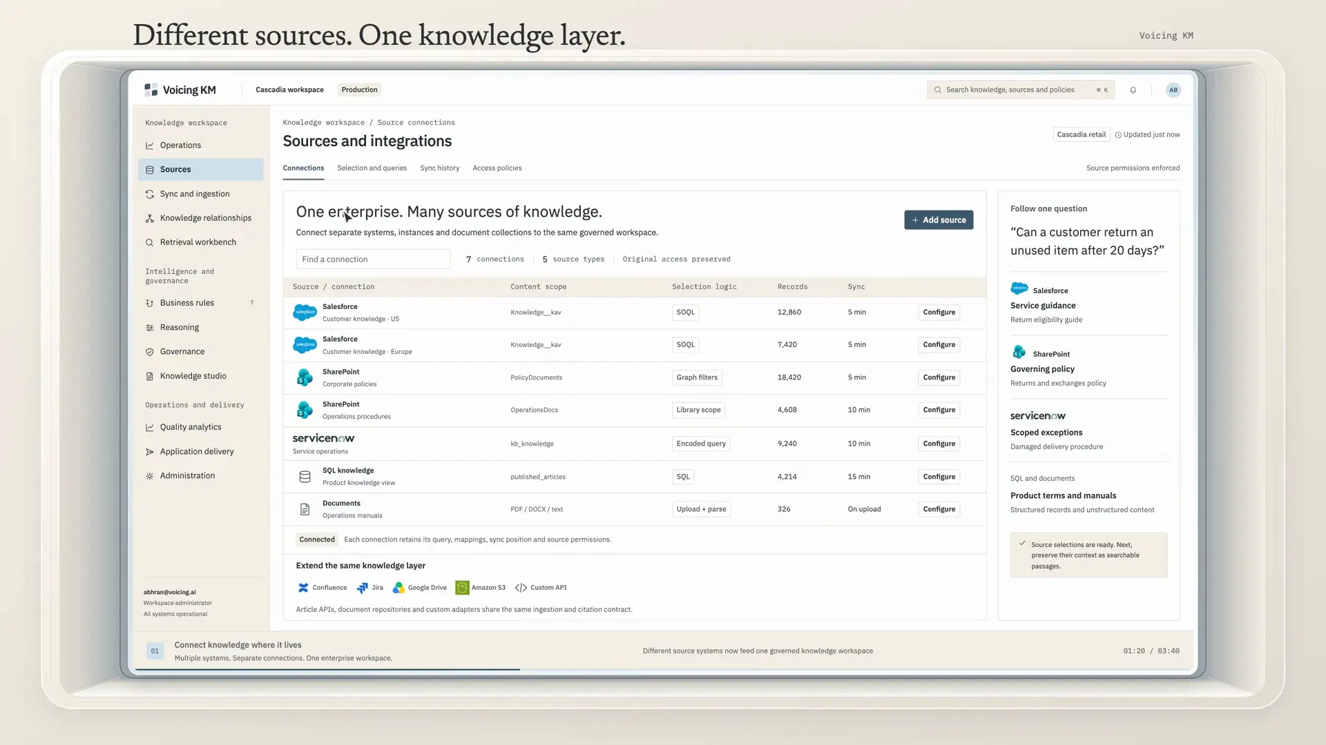 The sources view settled, with a question panel at the right listing the systems the answer will draw on.