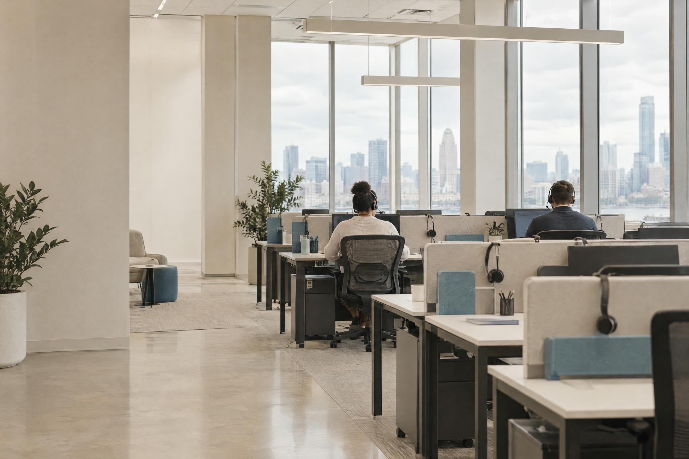 A carrier’s support floor in daylight: two agents at desks with headsets, tall windows and a pale city skyline beyond.