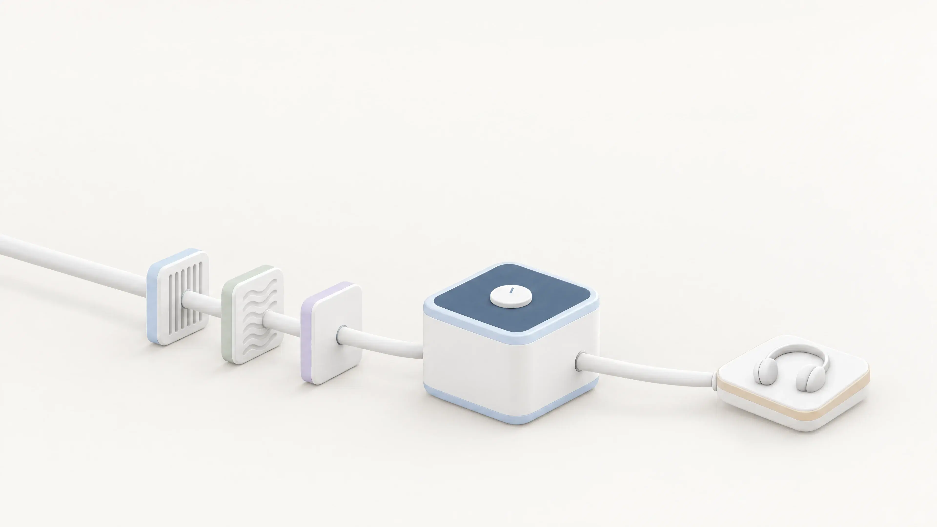 A white cable carries a voice through three plates, slotted, waved and smooth, into a white engine with a dark top and one dial, and on to a caller’s headset resting on a sand-rimmed tile.