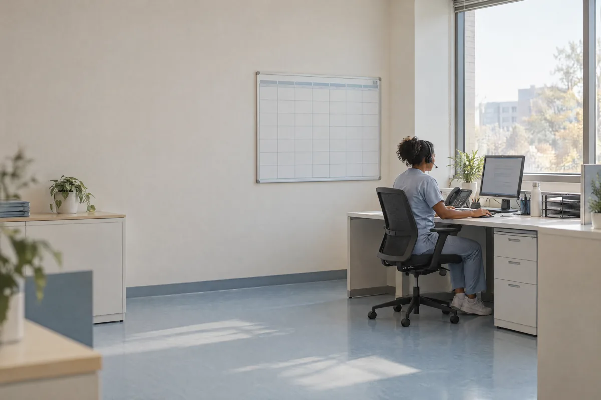 A scheduling desk in a clinic: a nurse in a headset at a screen by the window, a blank planning board on the wall.