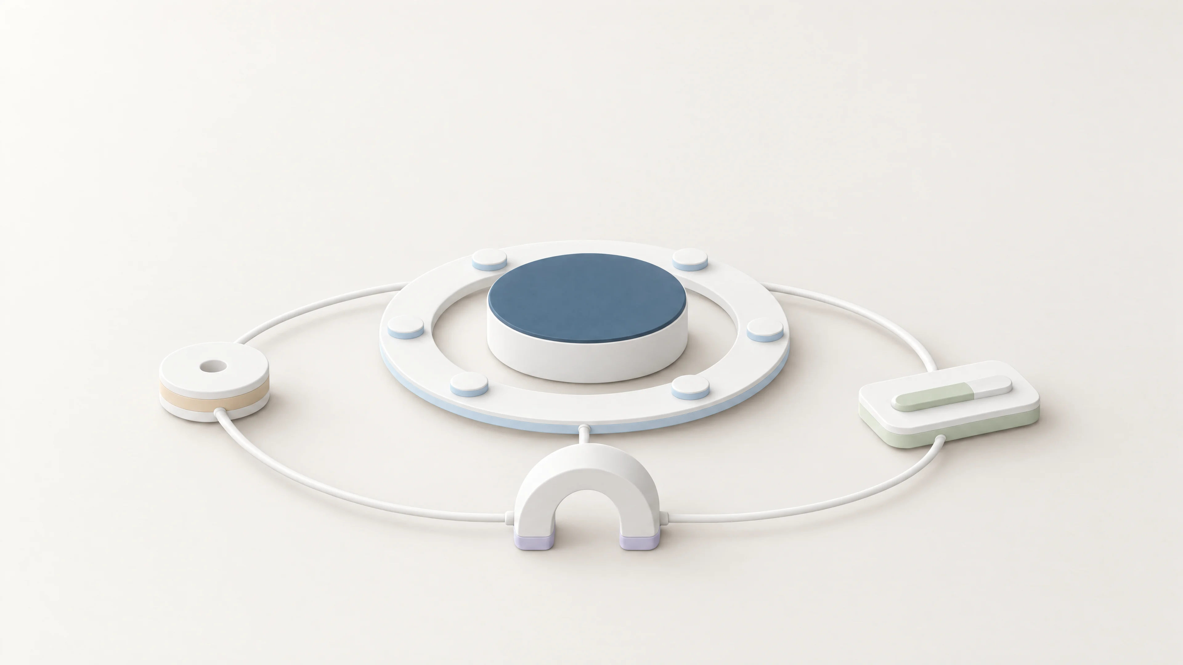 A runtime disc with a slate top ringed by six pucks, a track running out to a record spool on the left, under a low arch at the front, past a switch on the right, and back to the runtime.