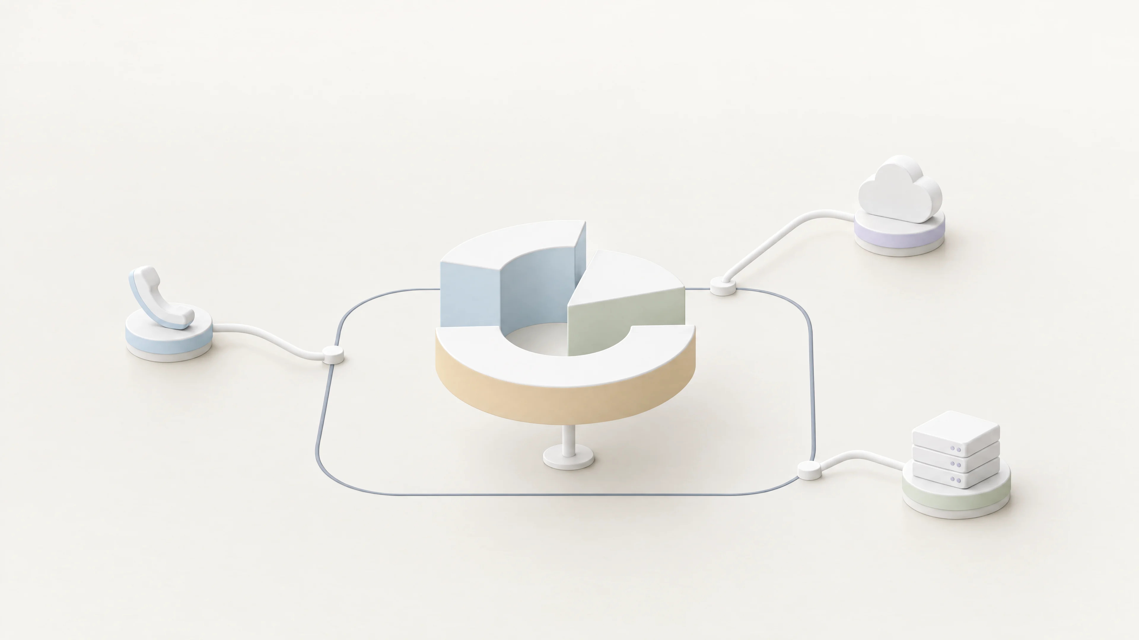 A ring of three segments, blue, sage and sand, on a stand inside a drawn perimeter; a cloud and a server rack wait at docks outside it.